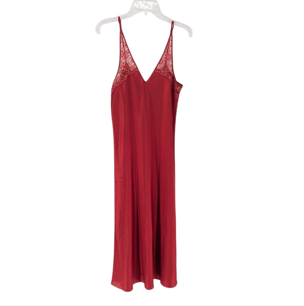 Vintage 90s Nine & Company Red Satin Silky Lace Full Length Nightgown Size M